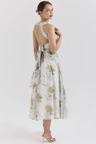 Minerva Midi-Kleid aus Chiffon mit Vintage-Bandprint in zartem Blau
