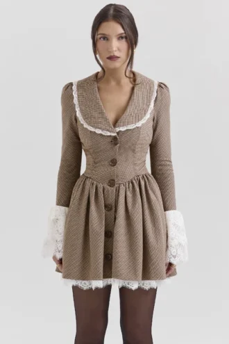 Mini-Kleid mit Puppytooth-Karomuster in Sable Brown