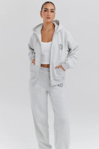 Mirage Hellgrau melierter Baumwoll-Fleece-Hoodie mit durchgehendem Reißverschluss