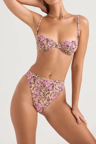 Mykonos Bikini-Unterteil mit hoher Taille in Olivgrün mit Blumenmuster