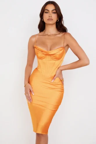 Myrna Midi-Korsetts-Kleid aus Satin in Mandarine