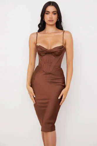 Myrna Schokoladenbraunes Satin-Korsetts-Unterkleid-Kleid