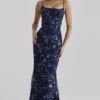 Naima Navy – Handbesticktes, verziertes Korsetts-Maxikleid