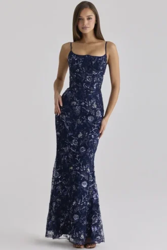 Naima Navy – Handbesticktes, verziertes Korsetts-Maxikleid