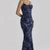 Naima Navy – Handbesticktes, verziertes Korsetts-Maxikleid