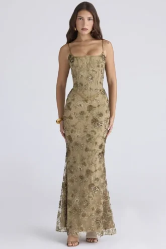 Naima Olive Bronze – Handbesticktes, verziertes Korsetts-Maxikleid – Limited Edition