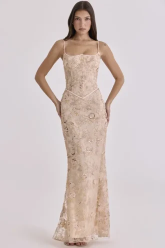 Naima Peach – Handbesticktes Korsetts-Maxikleid – Limited Edition