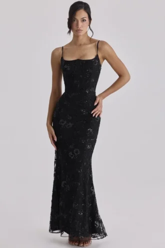 Naima Schwarzes, handbesticktes Korsetts-Maxikleid – Limited Edition