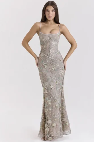 Naima Silberverziertes Korsett-Maxikleid mit Perlenstickerei