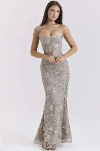 Naima Silberverziertes Korsett-Maxikleid mit Perlenstickerei