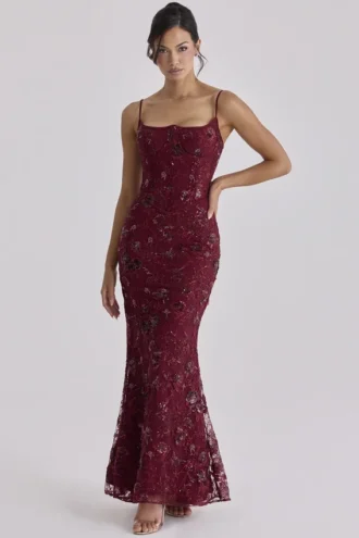 Naima Weinrotes, handbesticktes Korsetts-Maxikleid – Limitierte Edition