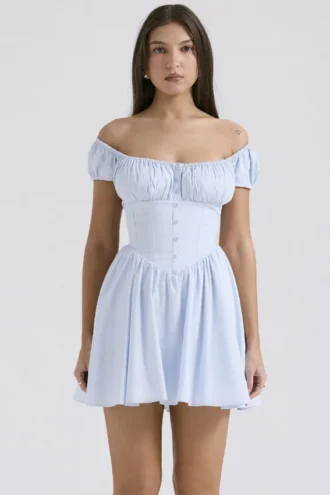 Nala Mini-Kleid aus weicher blauer Baumwolle mit Raffungen