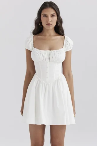 Nala Weißes Baumwoll-Minikleid mit Raffungen