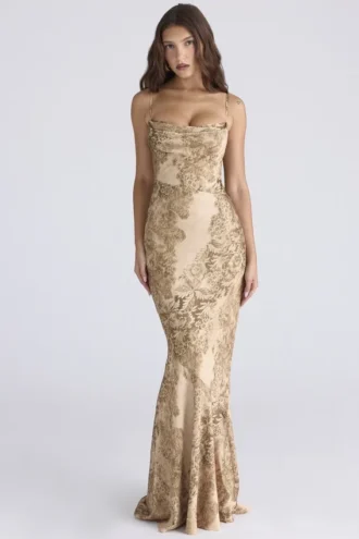 Nalani Gold gemustertes Satin-Maxikleid – Limitierte Edition