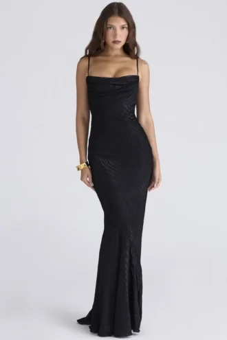 Nalani Schwarzes Devoré-Satin-Maxi-Abendkleid – Limited Edition