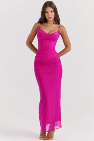 Nalini Fuchsia Stretch-Mesh-Maxikleid