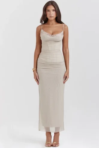 Nalini Sand Stretch-Mesh-Maxikleid