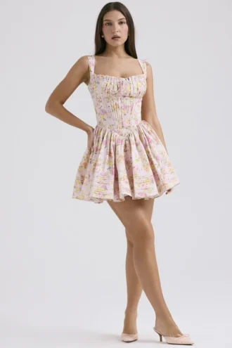 Natassia Minikleid aus Baumwolle mit rosa Wiesenprint