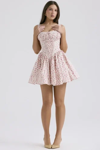 Natassia Weißes Mini-Kleid aus Baumwolle mit Rosenknospen-Print