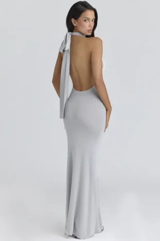Nova Silbergraues, rückenfreies Maxikleid mit Neckholder
