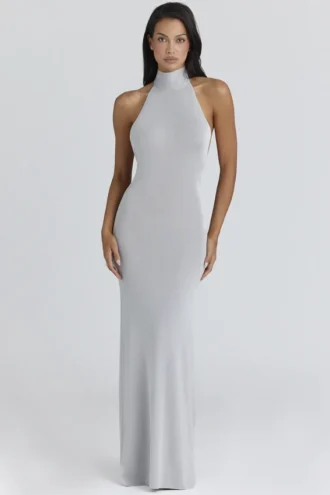 Nova Silbergraues, rückenfreies Maxikleid mit Neckholder