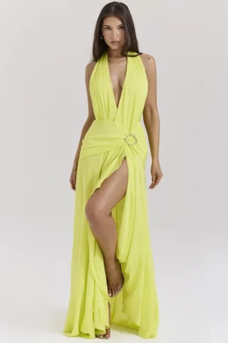 Olessia Acid Lime Rückenfreies Neckholder-Maxikleid