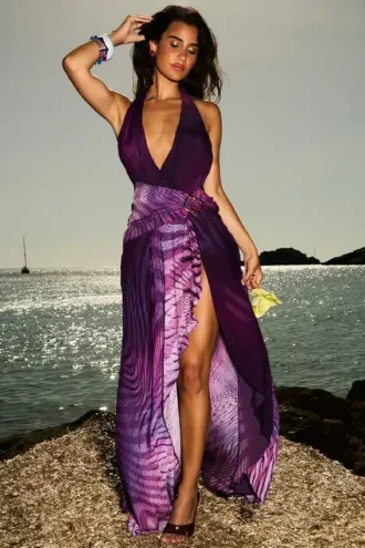 Olessia Orchid Rückenfreies Neckholder-Maxikleid