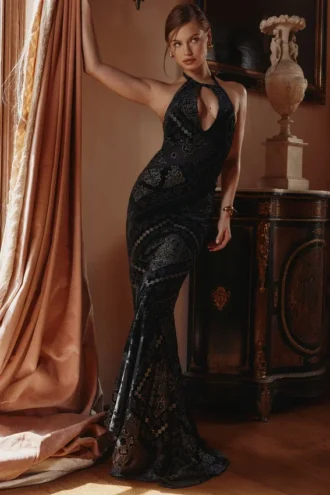 Oliviana Abendkleid aus schwarzem und goldenem Devore-Samt
