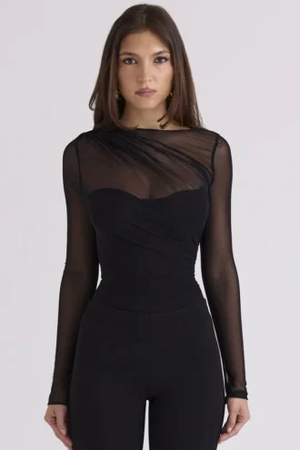 Orelia Schwarzer drapierter Mesh-Bodys