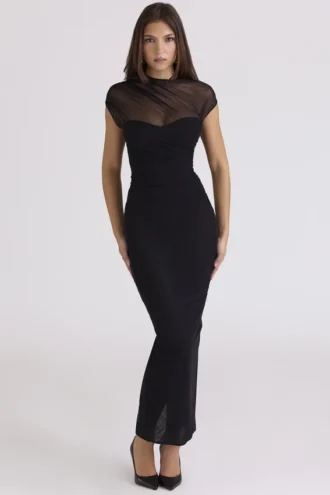 Orelia – Schwarzes Maxikleid aus drapiertem Mesh