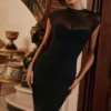 Orelia – Schwarzes Maxikleid aus drapiertem Mesh