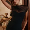 Orelia – Schwarzes Maxikleid aus drapiertem Mesh