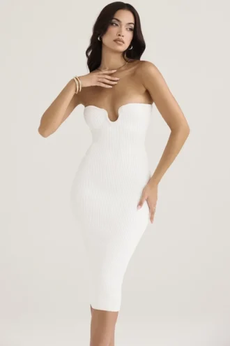 Oriana Weißes, geripptes, trägerloses Midikleid