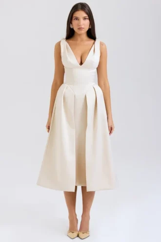 Paloma Vintage-Midi-Kleid aus cremefarbenem Satin mit Falten