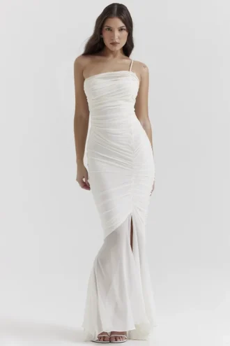 Pearla Elfenbeinfarbenes Maxikleid mit Rüschen