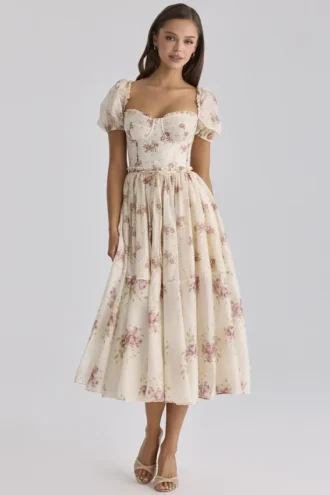 Penelope Elfenbeinfarbenes Midi-Kleid aus Chiffon mit Vintage-Rosenprint