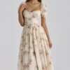 Penelope Elfenbeinfarbenes Midi-Kleid aus Chiffon mit Vintage-Rosenprint Penelope Elfenbeinfarbenes Midi-Kleid aus Chiffon mit Vintage-Rosenprint