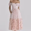 Penelope Midi-Kleid aus Georgette mit weißem Rosenprint und Schleifen Penelope Midi-Kleid aus Georgette mit weißem Rosenprint und Schleifen