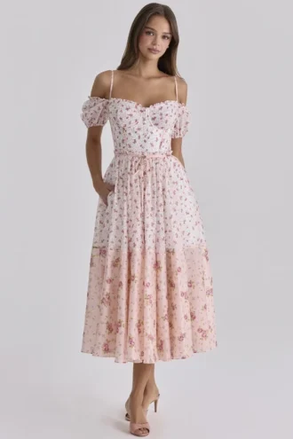 Penelope Midi-Kleid aus Georgette mit weißem Rosenprint und Schleifen