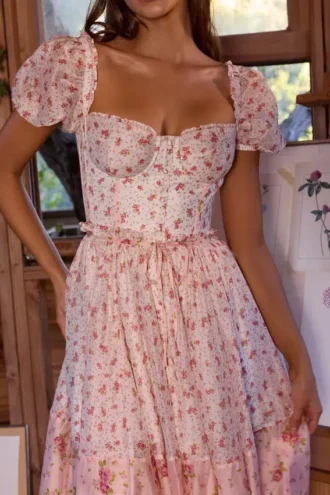 Penelope Midi-Kleid aus Georgette mit weißem Rosenprint und Schleifen