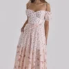 Penelope Midi-Kleid aus Georgette mit weißem Rosenprint und Schleifen Penelope Midi-Kleid aus Georgette mit weißem Rosenprint und Schleifen