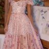 Penelope Midi-Kleid aus Georgette mit weißem Rosenprint und Schleifen Penelope Midi-Kleid aus Georgette mit weißem Rosenprint und Schleifen
