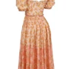 Penelope Pfirsichfarbenes Midi-Sommerkleid mit Poppy-Print und Puffärmeln Penelope Pfirsichfarbenes Midi-Sommerkleid mit Poppy-Print und Puffärmeln