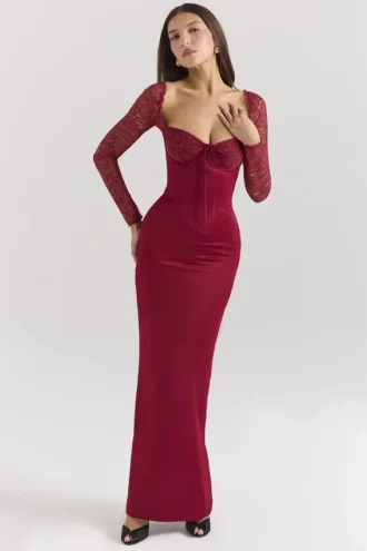 Perdi Berry Satin-Maxikleid mit Korsetts