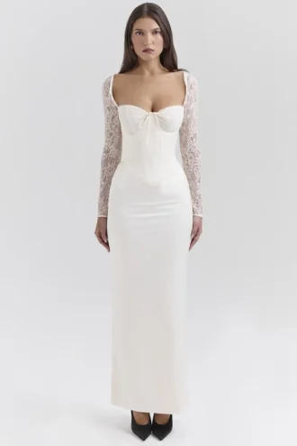 Perdi Vintage Maxikleid aus elfenbeinfarbenem Satin