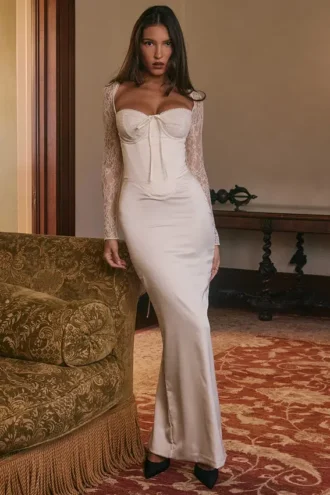 Perdi Vintage Maxikleid aus elfenbeinfarbenem Satin