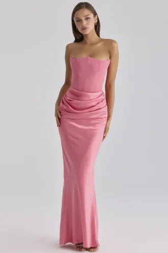 Persephone Himbeerfarbenes Satin- und Crêpe-Maxikleid mit trägerlosem Korsett