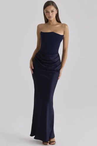 Persephone Marineblaues Maxikleid aus Satin und Crêpe mit trägerlosem Korsett