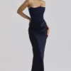 Persephone Marineblaues Maxikleid aus Satin und Crêpe mit trägerlosem Korsett Persephone Marineblaues Maxikleid aus Satin und Crêpe mit trägerlosem Korsett