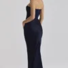 Persephone Marineblaues Maxikleid aus Satin und Crêpe mit trägerlosem Korsett Persephone Marineblaues Maxikleid aus Satin und Crêpe mit trägerlosem Korsett